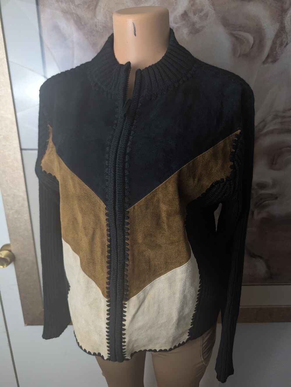 Vintage 90s Colorblock Suede Patchwork Ribbed Zip Sweater Boho Jacket Size L